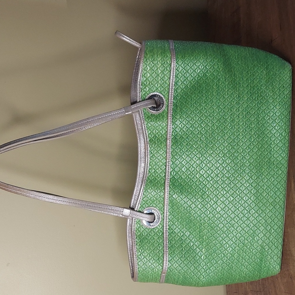 Elaine Turner Raffia and Leather Tote - green/gold metallic - great condition
